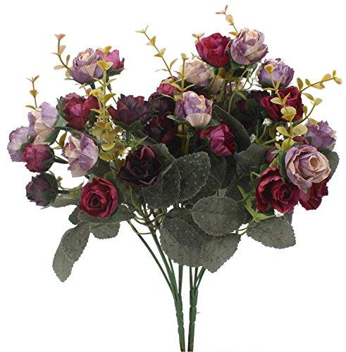 Duovlo 7 Branch 21 Mini Rose Heads Artificial Flowers Bouquet Wedding Home Office Decor,Pack of 2 (2 PCS Purple)