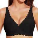 Gailife Wireless Bras for Women No Underwire Comfortable Seamless Bralettes with Support Everyday Cute Floral Plunge Bra (Small, Black)