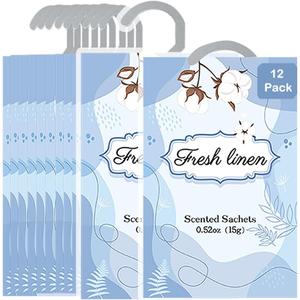 12 Packs Fresh Linen Hanging Scented Sachets for Drawers and Closets with Retractable Hook| Long-Lasting Closet Air Freshener & Closet Deodorizer | Closet Scent Freshener (Fresh Linen)