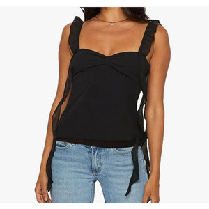 Women Side Tie Lace Trim Cami Shirt Y2k Semi Sheer Pleated Sexy Crop Tank Tops Going Out Boho Top (Large, Black)