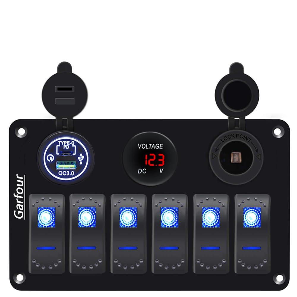 Waterproof 6 Gang Aluminum Boat Switch Panel Marine Rocker Switch with 12V Voltmeter Type C and QC3.0 USB Charging Socket for Car Boat