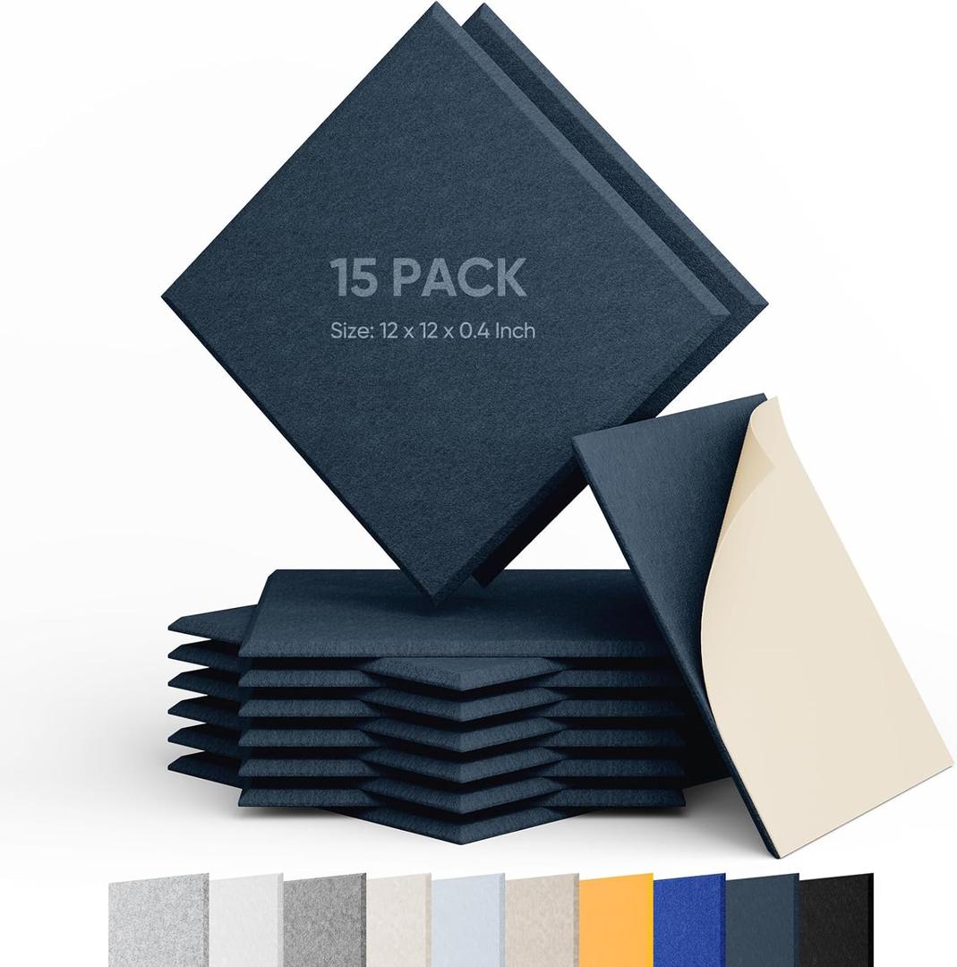 Berlai 15 Pack Acoustic Panels Self Adhesive Sound Proof Foam Panels, 12x12x0.4" High Density Sound Absorbing Panels, Square Acoustic Tiles for Recording Studio Home Theater Office Room(Dark Blue)