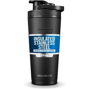 Ice Shaker Insulated Stainless Steel Shaker Bottle | 26oz, Black | Cold for 30+ Hours | Insulated Cup with Twist-on Agitator | Odor-Free Bottle for Protein Shakes, Water, Smoothies, Cocktails
