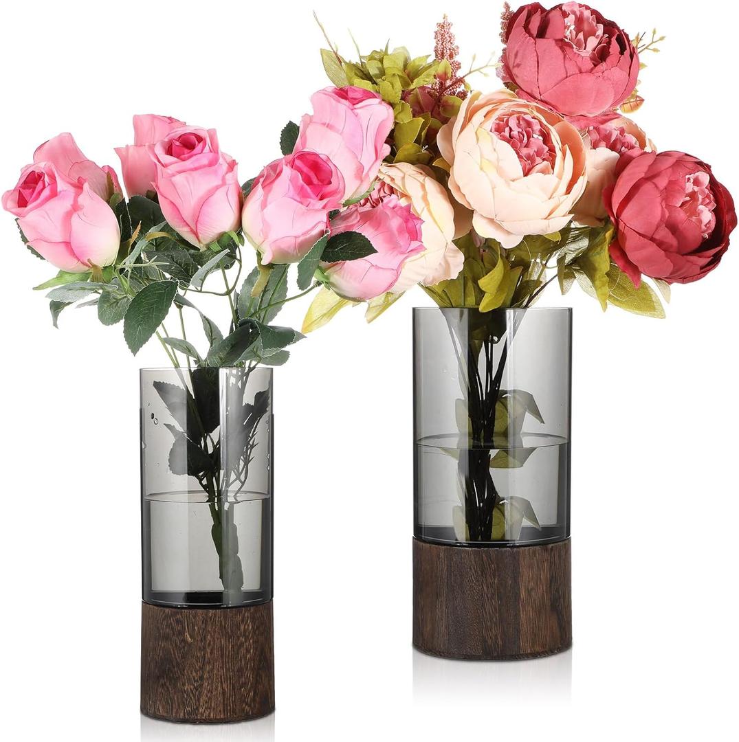 2 Pack Artistic Wood Acrylic Vase 10 '' H Wooden Base Cylindrical Flower Vase Acrylic Cylinder Vases for Wedding Centerpieces Table Fireplace Shelf Decor