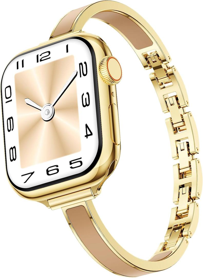 Mosonio Slim Designer Bracelet Bands for Apple Watch Women, Elegant Thin Dressy Metal Band with Embedded Silicone Accents Compatible with Apple Watch Ultra / Series 11 10 9 8 7 6 5 4 SE 3 2 1, Easy-Adjust Link Fancy Strap for iWatch 49mm 46mm 45mm 44mm 42mm 41mm 40mm 38mm(Sizes Vary By Model) (Gold + Nude)