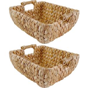 Medium Rectangular Handwoven Wicker Basket - Water Hyacinth Storage Baskets with 2 Polished Wooden Handles for Store Hand Towel, Fruits & Veggies etc 10.75"x15.25"x5" - Pack of 2 - Natural