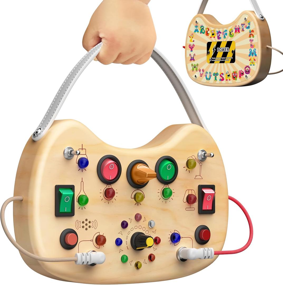 Montessori Toddler Busy Board Sensory Toys for Toddlers Wooden Autism Sensory Toy, Toddler Switch Board with 17 LED Lights for Kids 1-6 Year Olds to Develop Fine Motor Skills