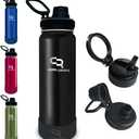 24 oz Black Insulated Water Bottle with Straw & Spout Lids  Slim Stainless Steel Thermo Flask, Cup Holder Friendly Design, Double Wall Cold 24 H Hot 12 H + Silicone Boot for Travel & Gym
