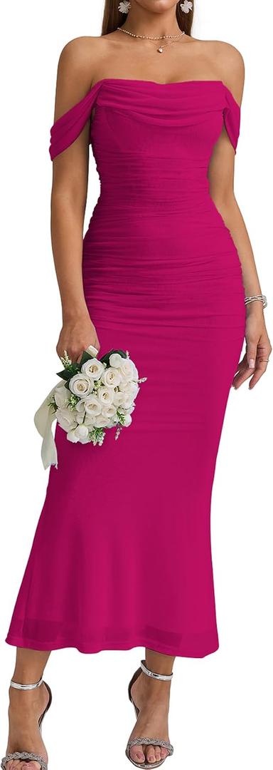 KUTUMAI Off The Shoulder Maxi Long Dress Corset Ruched Bodycon Cocktail Formal Wedding Guest Dresses for Women (Pink, M)