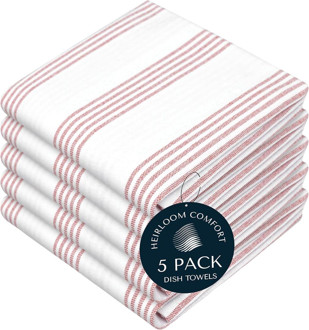 Rust Stripe Dish Towels, 5 Pack, 100% Cotton, Super Absorbent and Quick Dry, Multi Pin Striped Kitchen Towel Set, Durable Wash Cloths for Kitchen Use, Cleaning & Drying Dishes