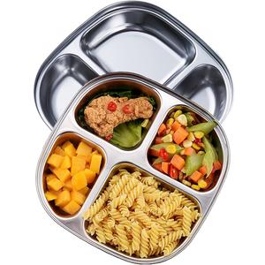 Set of 2 Stainless Steel Dinner Plates 4 Sections Divided Platter Dinner Tray - Lightweight Metal Plate for Adults and Campers, Portion Control Bariatric Weight Loss and Diabetic Diet Plates