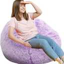 Fluffy Bean Bag Chair, 3FT Round Memory Foam Filled Bean Bag for Teens & Kids, Ultra Soft Faux Fur Fabric Bean Bag Chairs for Playroom, Living Room, Bedroom, Lavender