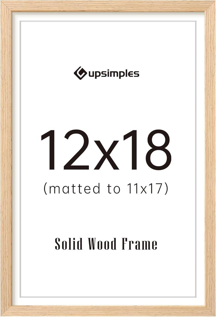 upsimples 12x18 Frame, Natural Solid Wooden Picture Frames, Display 11x17 with Mat or 12 x 18 Without Mat, Vertical or Horizontal Wall Hanging, 1 Pack, Natural