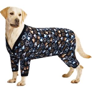 CuteBone Big Dog Clothes Pitbull Golden Retriever Post Surgery Suit Stretchy Calming Anxiety Pet Pajamas Shirts Shedding Suits Onesie for Medium/Large Sized Dogs Labrador Bully ZP17XL (Snap=Footprints)