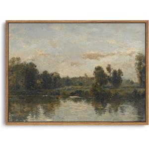 ZZLWBKGL Vintage Framed Wall Art Landscape Wall Decor Natural River Canvas Art Farmhouse River Pictures Rustic Paintings Country Artwork For Living Room Study Bedroom, 24"L x 16"W