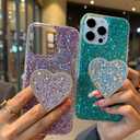 Bling Case for iPhone 13 Cover, Women Girl Cute Glitter Shockproof Protective Phone Case with Sparkle Love Ring Stand Holder Kickstand (Purple)