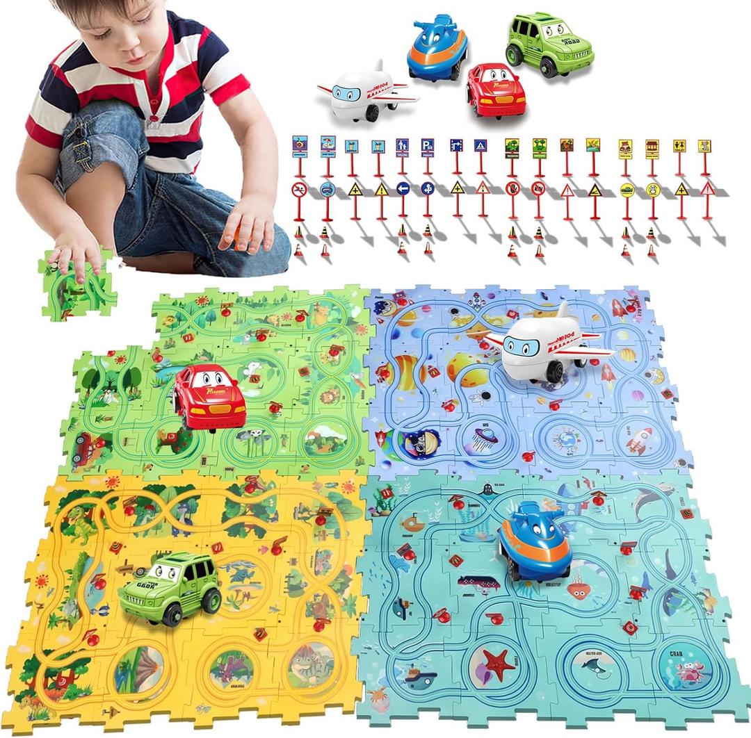 Puzzle Racer Kids Car Track Set with Cars Puzzle Racer Car Track Set for 3-8 Year Old Best Holidays & Birthday Gifts for Kids (100PCS 4in1) (Land & ocean & space & dinosaur)