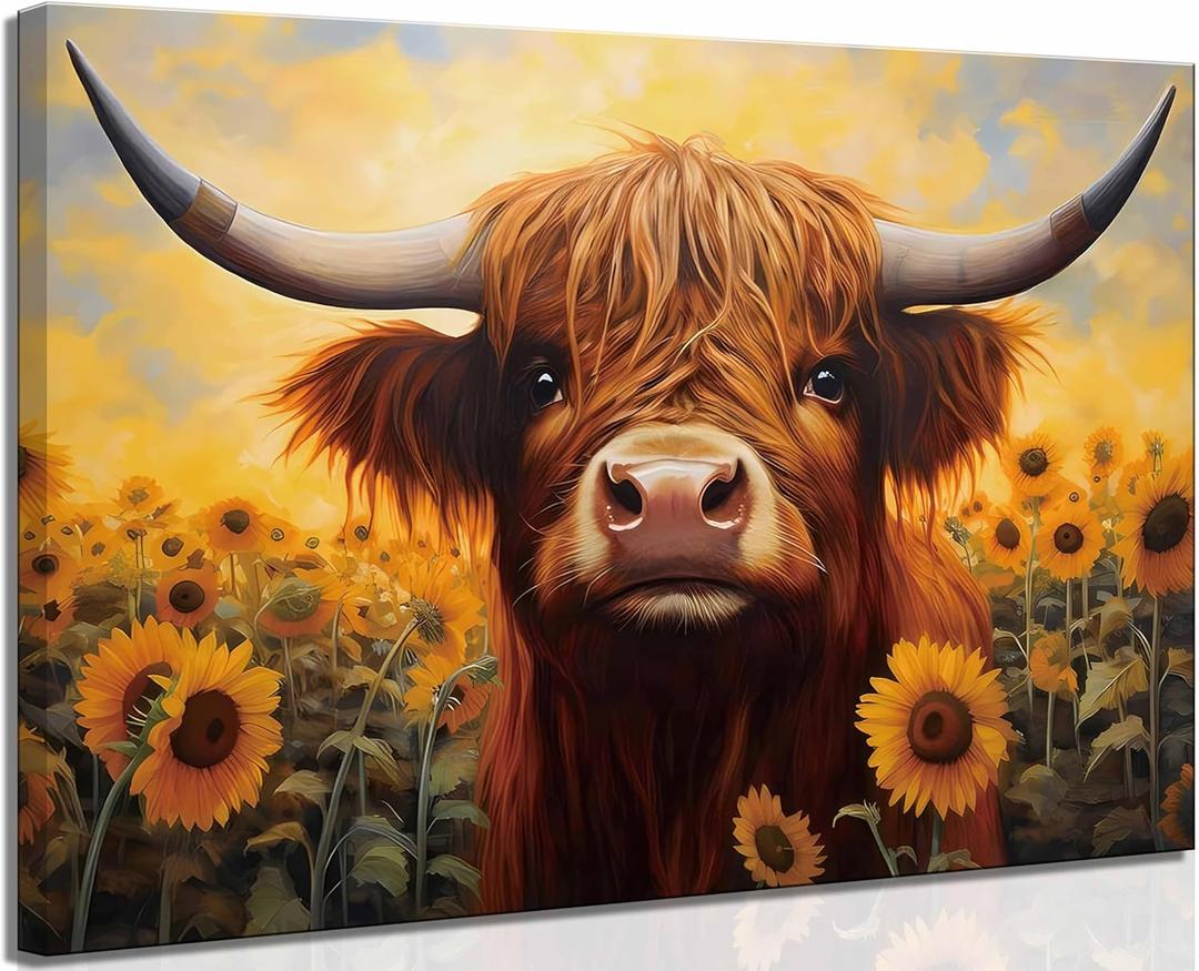 Highland Cattle Canvas Wall Art Cute Scottish Cow and Sunflowers Warm and Soft Color Painting Picture Wall Decor Poster Print Artwork for Bathroom Farmhouse Living Room Office Home Decoration (16"L x 12"W)