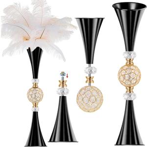 VIJIV Black Crystal Flower Vases for Centerpieces Tables - Tall Trumpet Vase for Bouquet Decorative, Dining Table Dcor Flower Stand with Ribbed Texture for Events, Bridal Showers & Boho Weddings (Tall-23.6IN)