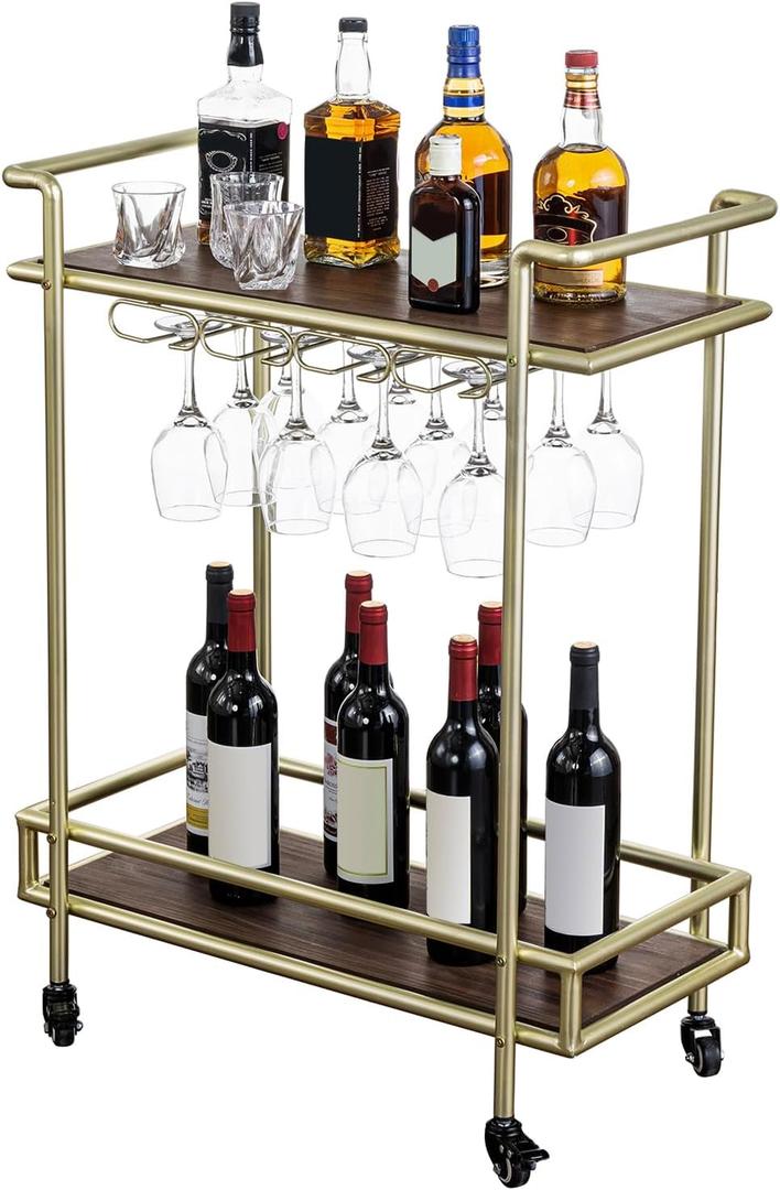 MyGift 2 Tier Rolling Bar Cart, Vintage Brass Tone Metal Cocktail and Trolley with Burnt Wood Shelf Trays, Glass Stemware Holder Rack and Lockable Wheels