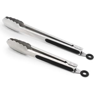 304 Stainless Steel Kitchen Cooking Tongs, 9" and 12" Set of 2 Sturdy Grilling Barbeque Brushed Locking Food Tongs with Ergonomic Grip, Black
