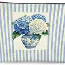 Chinoiserie Blue Hydrangea Floral Makeup Bag Gifts for Women, Grandmillennial Botanical Flower Cosmetic Bag, Blue and White Striped Zipper Makeup Pouch Travel Toiletry Bags