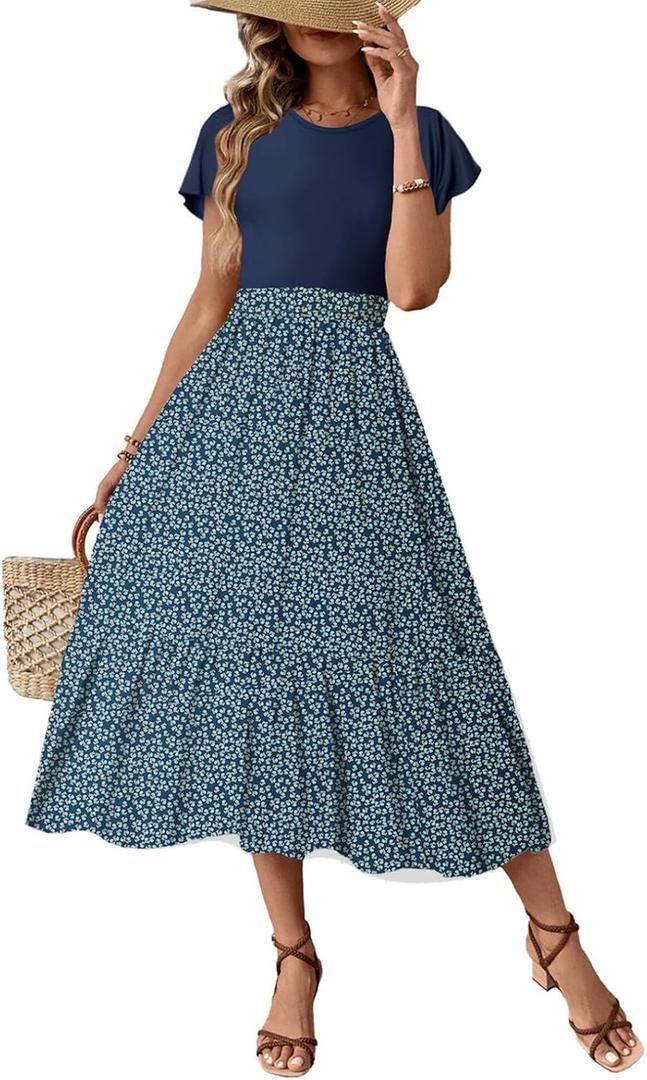 Dokotoo Women's Summer 2025 Maxi Dress Ruffle Short Sleeve Casual Floral Print Long Flowy Dresses (Blue, L)