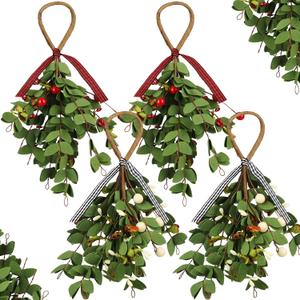 XunYee 4 Pieces Christmas Mistletoe Ornaments Artificial Mistletoe Branches Decor Decorative Mistletoe Decoration Hanging Red and White Berry Picks for Home Christmas Handmade Party Decorations