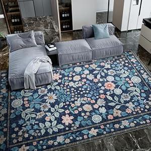 YIHOUSE Floral Blue 8x10 Washable Rug for Living Room, Non Slip Boho Soft Bedroom Rug, Ultra Thin Large Colorful Flower Carpet for Dining Room Nursery Home Office Dark Blue, 8'x10'
