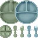 2 Pack Baby Plates with Suction, 2 Pack Silicone Forks and Spoons Set, Baby Led Weaning Supplies, BPA Free, Toddler Utensils for Feeding Essentials (Blue)