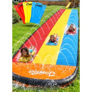 JAMBO Premium Triple Water Slide with 3 Bodyboards, 20Ft Heavy Duty Slip Splash and Slides-Advanced 3-Way Sprinkler System, Splash Pad Mat Backyard Summer Outdoor Water Toys n Long Slides for Kids
