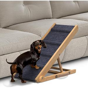 Adjustable Dog Ramp for Bed - Foldable Wooden Ramp for Dogs to Get on Bed, Couch, or Car with 12.6" Wide Walking Space (Natural Wood with Gray Carpet, Small)