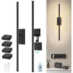 Wall Sconces Set of Two with 4 Batteries, Magnetic Detachable Battery Rechargeable Lights with Remote Control, No Wiring Needed, Black Aircraft Aluminum for Bedroom, Living Room and Apartment (28''+Battery 2 Pack)