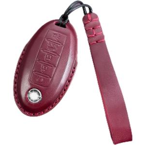 Leather Car Key Fob Cover for Nissan with Keychain, Premium Leather Full Protection Key Case for Rogue Altima Sentra Maxima Armada Pathfinder Murano fit 5 Buttons Smart Remote Key(Red)