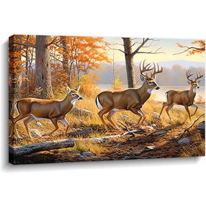 LYUNSHUO Deer Canvas Wall Art Wildlife Animal Elk Oil Painting Print Forest Picture Yellow Landscape Poster Modern Artwork for Living Dining Room Office Home Decor Framed(Deer-11, 16.00"x24.00")