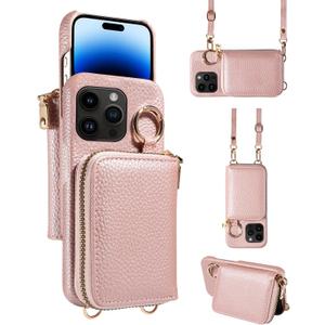 Wallet Case for iPhone 14 Pro 6.1 inch & Shoulder Strap Ring Buckle Zipper Flip Organ Purse Credit Card Holder Stand Cell Phone Cover