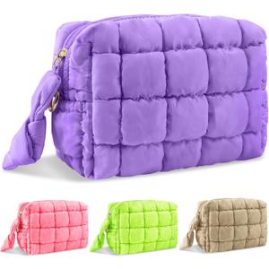 Puffer Quilted Makeup Bag Cosmetic Bags, Puffy Travel Toiletry Pouch for Women, Cute Checkered Zipper Bag Travel Essential, Portable Aesthetic Make up Organizer Bag for Gifts Work Daily (Purple,S)