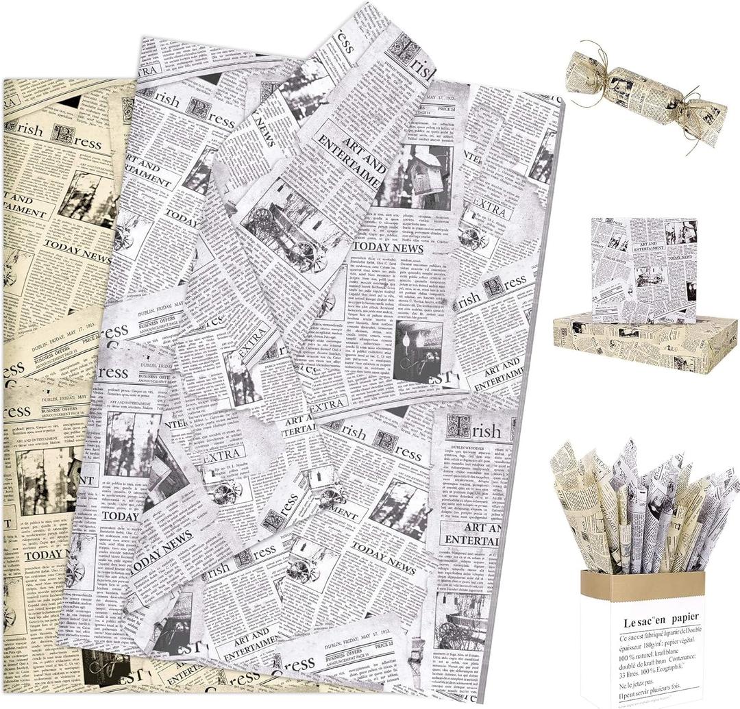 Larcenciel 100 Sheet Vintage Newspaper Tissue Paper, Old News Print Gift Wrapping Tissue Paper for Gift Bags Packaging, Black Beige Art Tissue for Wedding Birthday Party Holiday Decor Craft, 20x14inch
