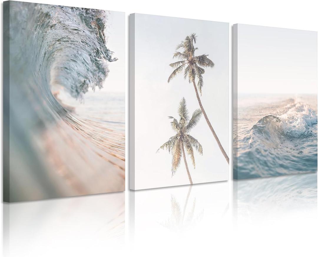 Beach Wall Art Pictures Coastal Canvas Wall Decor Ocean Waves Poster Blue Beach Scene Artwork Palm Tree Art Coastal Landscape Prints for Living Room Bedroom 12x16 Inch Wrapped Canvas Set of 3