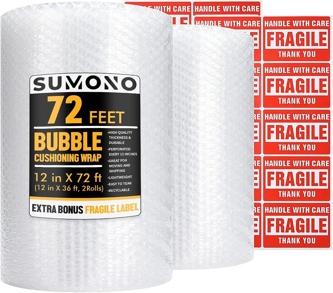 Bubble Cushioning Wrap Roll, Sumono 12 Inch x 72 Feet Total [2 Rolls of 36 Feet] Bubble Roll Perforated 12 Inch Included 20 Fragile Sticker Label
