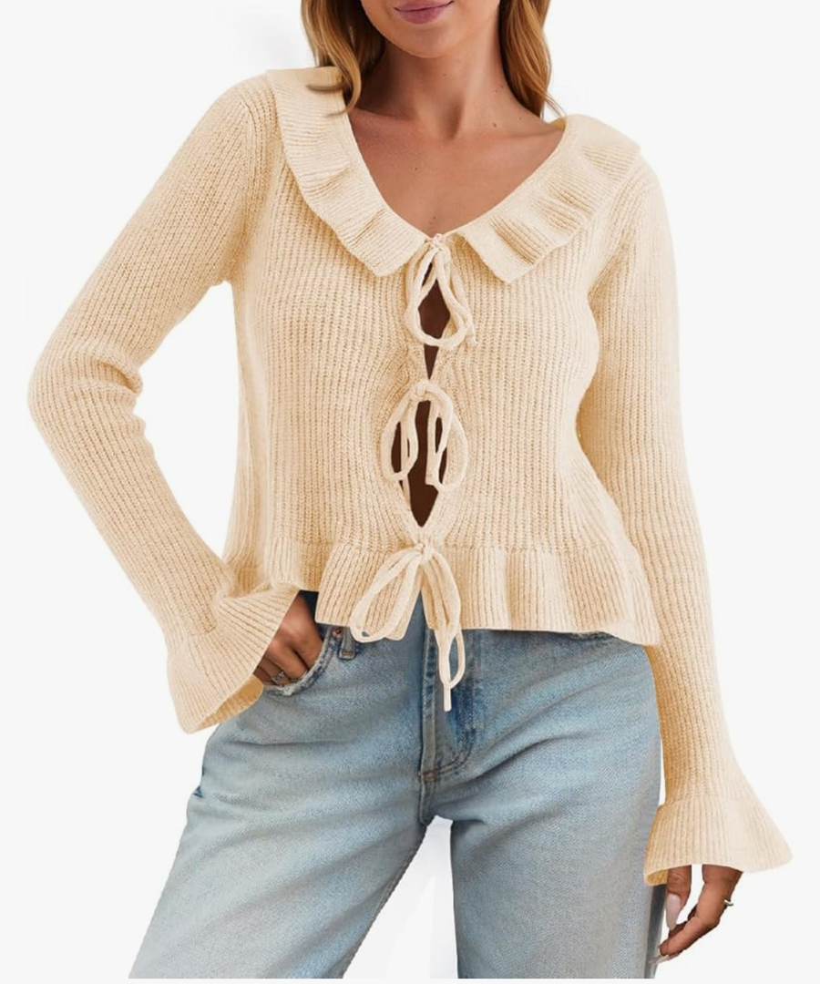 Saodimallsu Womens Tie Front Bow Cardigan Sweaters Cute Ruffle Long Sleeve Knit V Neck Fall Cropped Sweater Tops