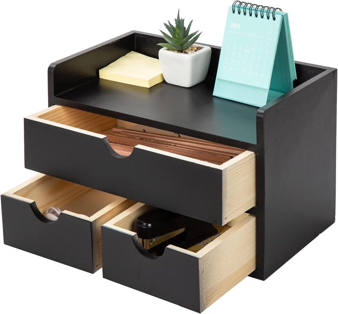 Black Bamboo Desk Organizer Wooden Storage Cabinet 3 Drawers with Shelf Tabletop Organization Box Home Office Workspace Bathroom Toiletries Supplies Caddy Vanity Makeup Stationery Holder