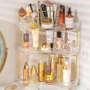 Upgraded 3-Tier Corner Bathroom Countertop Organizer  Spacious Storage for Makeup, Skincare & Perfumes, Built-in Brush Holder Fits Vanity/Dresser/Bsthtub (Classic White)