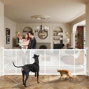 150" Extra Wide Retractable Baby Gates Dog Gate for Large Opening, 41" Extra Tall Mesh Pet Gate, Long Child Safety Gates with Fiberglass Rods for Stairways, Doorways, Hallways - Indoor/Outdoor Use (White)