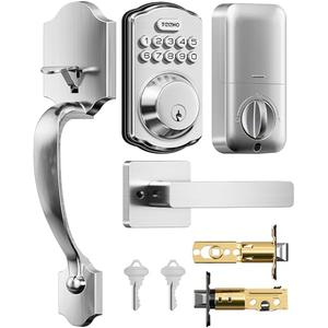 TEEHO TK001H Keyless Entry Door Lock with Handle Set, Electronic Deadbolt Keypad Door Lock with Code, Smart Locks for Front Door, Exterior Door Handle, Auto-Lock, Easy to Install, Satin Nickel