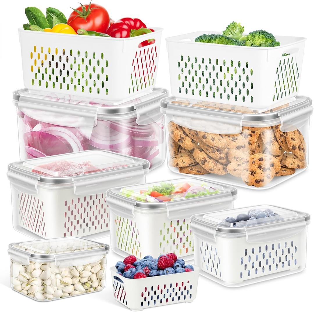 6 Pack Fruit Storage Containers for Fridge, Produce Saver Vegetable Container with Drain Colanders - Refrigerator Organizer for Lettuce Keepers Berry Container