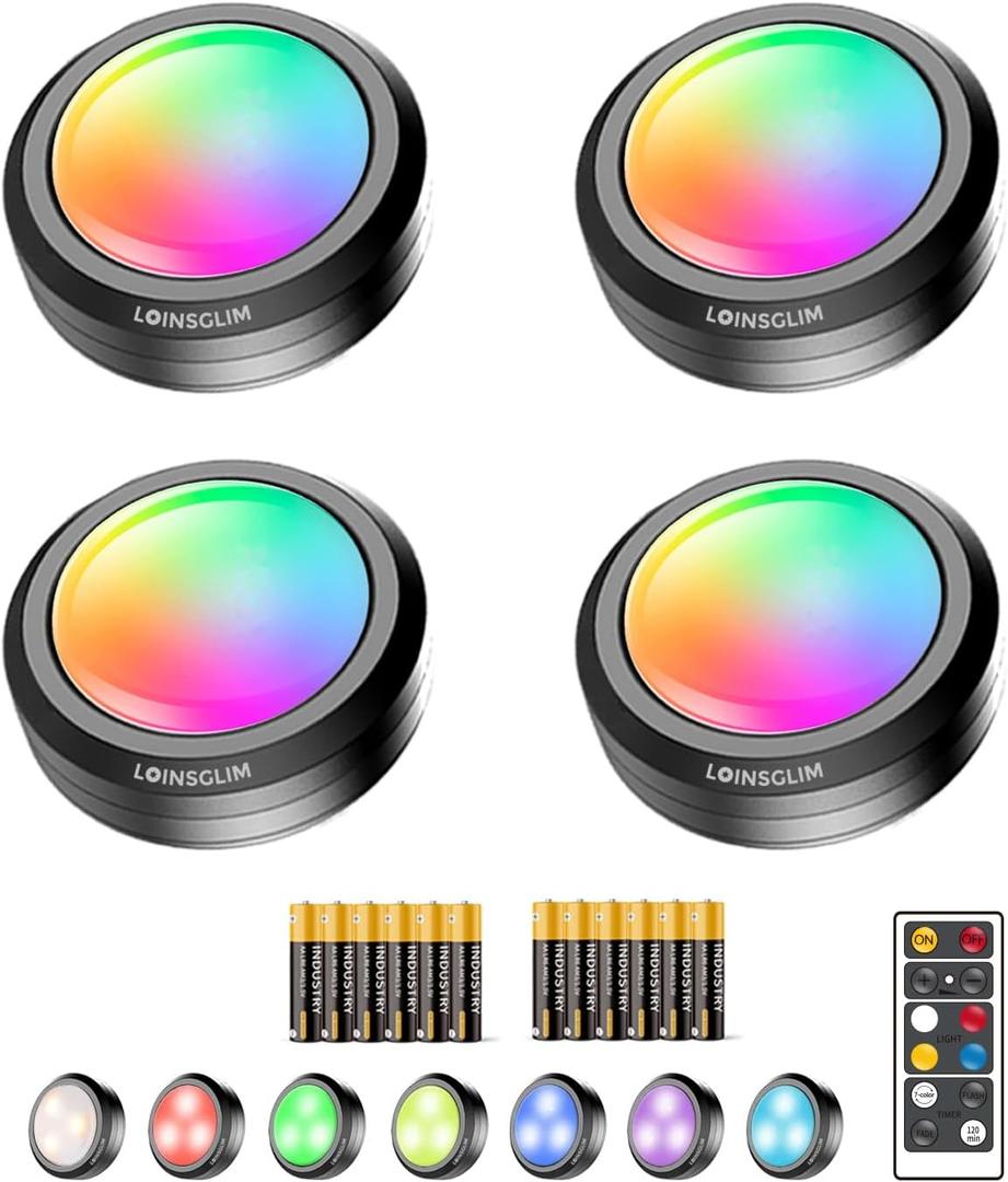 Puck Lights with Remote,7 Colors Under Cabinet Lighting Wireless,Battery Operated RGB LED Lights Dimmable, Push Lights for Closet,Kitchen,Under Counter Lights Bar Display Shelf (4pack)