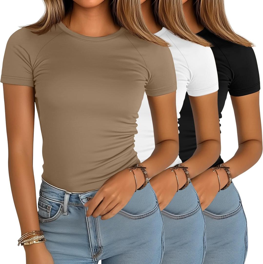Ficerd 3 Pack Women's Slim Fit Shirts, Cotton T Shirts Crew Neck Short Sleeve Casual Raglan Tees Summer Basic Solid Tops 2025 (Medium, Black, White, Khaki)