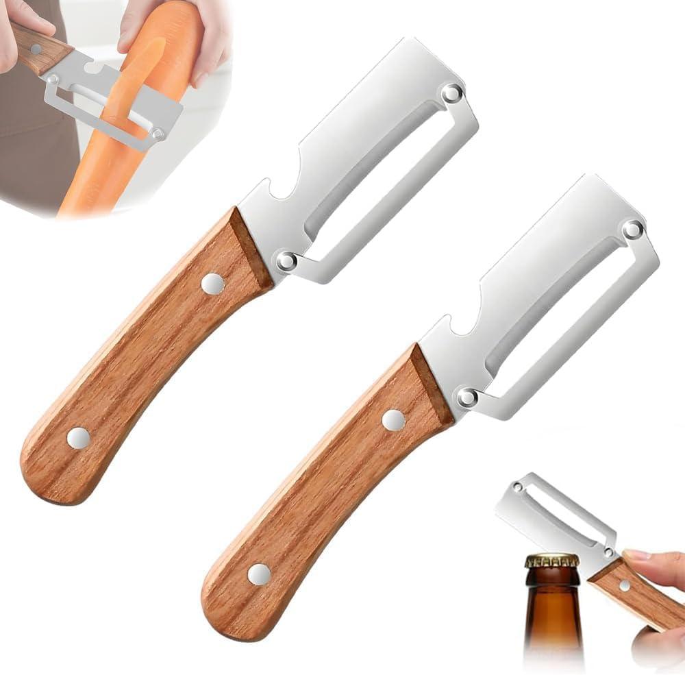 2 x Premium Vegetable Peeler with Wooden Handle and Bottle Opener,Multi-Functional Vegetable Peeler for Kitchen, 2-In-1 Stainless Steel Kitchen Tool, for Fruit Veggie, Includes Bottle Opener (2PCS)