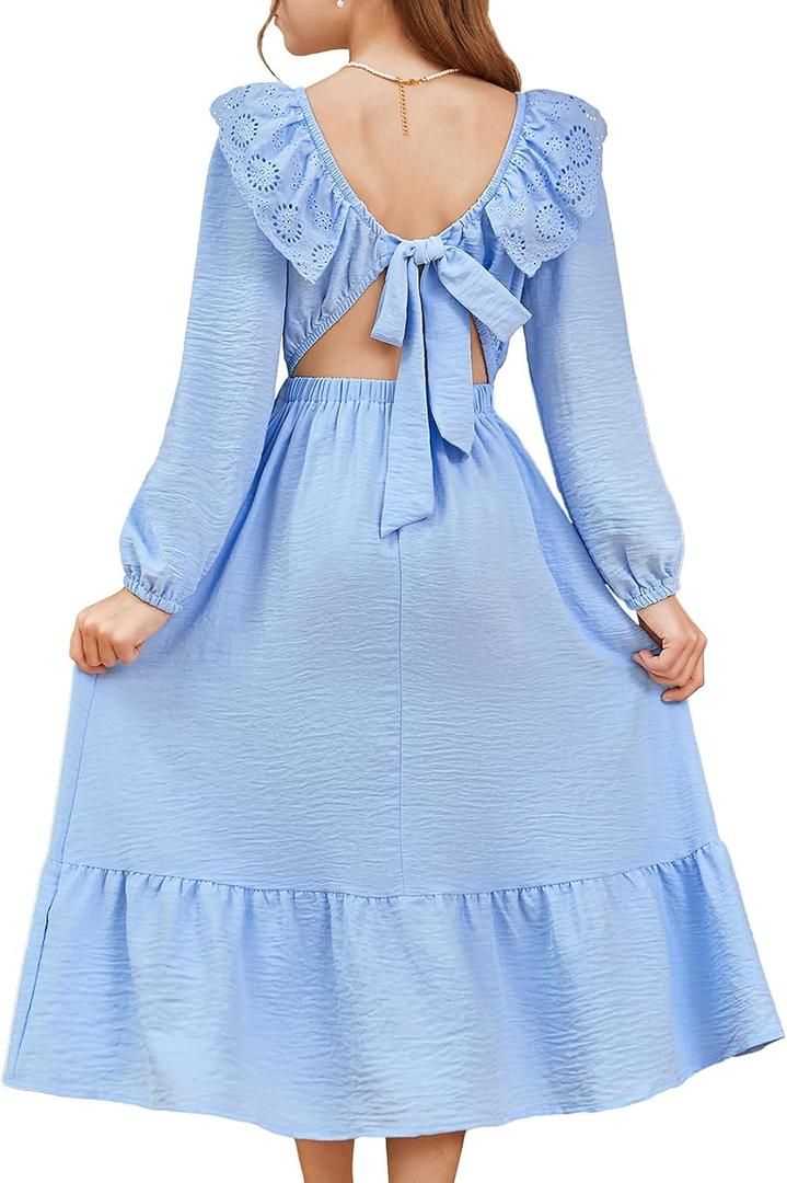 blibean Tween Girls Tie Back Dresses Embroidery Sleeve Size 6-15 Years (Blue, XL)